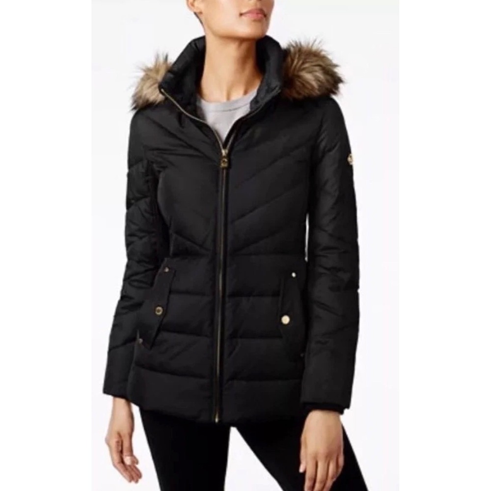 Michael Michael Kors Black Chevron Puffer Jacket Faux Fur Hood XXL